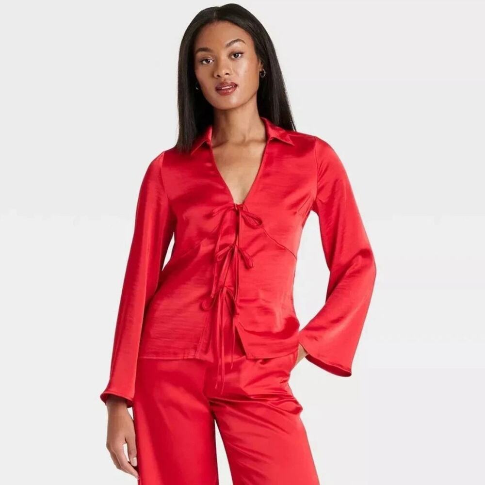 A New Day Women's Long Sleeve Satin Tie Front Blouse Red Size XS